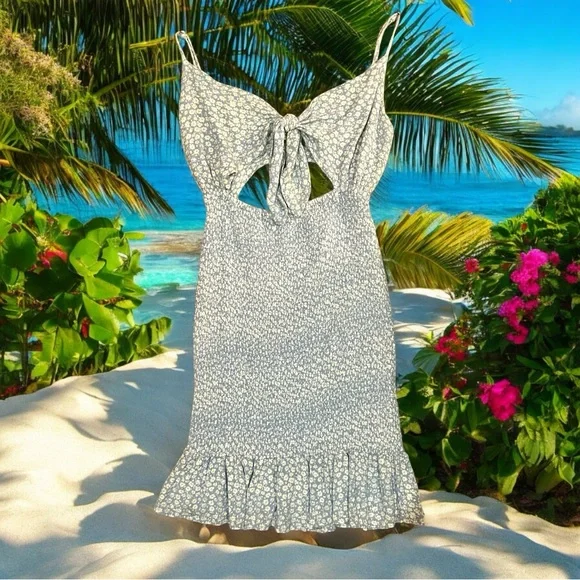 FLORAL SMOCKED TIE CUT OUT RUFFLE HEM MINI DRESS, SZ=LG. - Picture 2 of 15